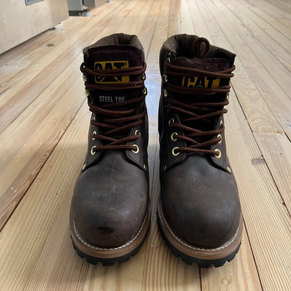 Caterpillar Steel Toe Work Boots Mens 10 Dark Brown Oil Tan Leather Water Resist